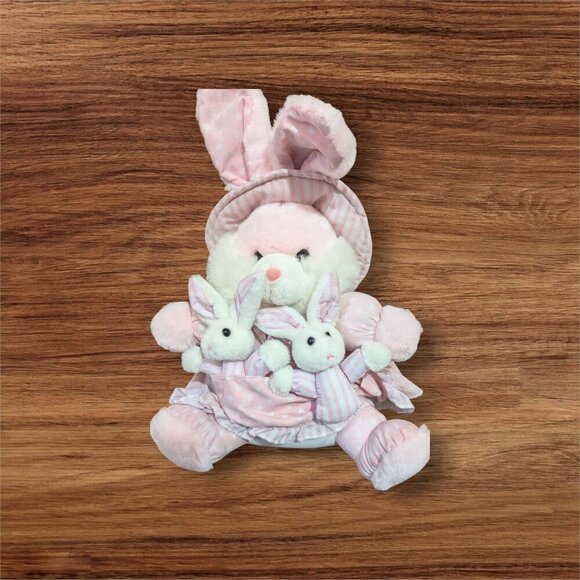 Dan Dee Pink Bunny Plush With Two Baby Bunnies Polka Dot  Striped  14"Easter - Picture 1 of 9